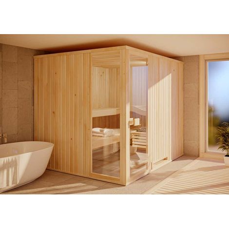 Sauna intérieur FinnTherm Ergonomique Perspective Naturel , 72 mm Épaisseur de paroi 244 x 194 cm