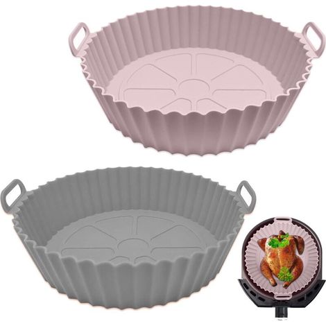 2 pièces Panier en Silicone Accessoires de Friteuse Nouveau style, Panier en Silicone Réutilisable pour Airfryer,Micro-Ondes, Le Moule à Gâteau, Le Cuiseur Vapeur, etc (rose+ gris) (1/5)