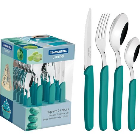 Ménagère 24 pièces Carmel, ensemble de couverts de table pour 6 personnes, set de couverts en acier inoxydable 18/10 avec poignées de couleur, turquoise (1/4)