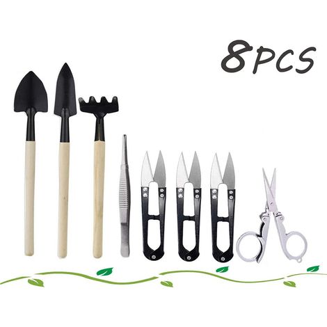 Kit de 8 Outils de Jardinage en Fer pour Bonsaï avec Râteau, Pelles, Pince et Ciseaux
