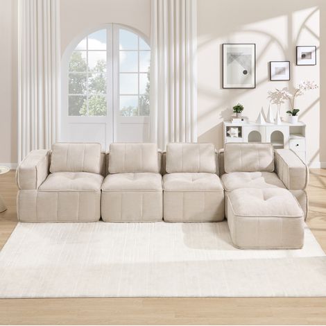 Divano angolare modulare 4 posti con pouf, L, beige, poliestere DESVIAE (1/5)
