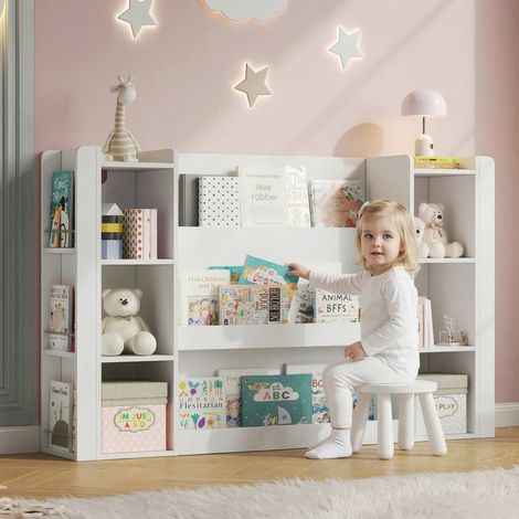 Bibliothèque pour enfants en bois massif Blanche - Étagère de Rangement avec Compartiments Ouverts et Range-Livres - Design Moderne, 140x30x95 cm (1/5)