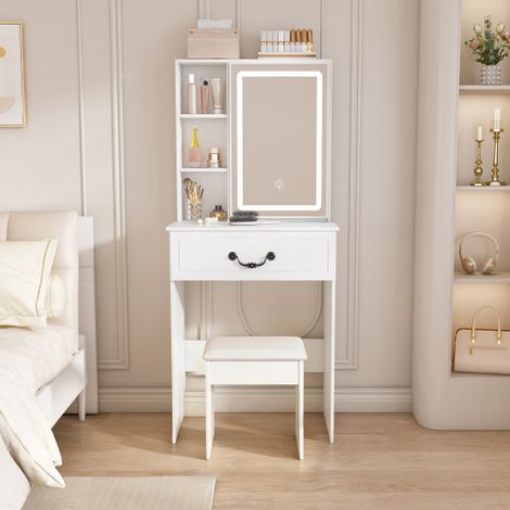 Ensemble de coiffeuse minimaliste avec miroir LED à intensité variable – Compact avec espace de rangement dissimulé, tabouret rembourré inclus, blanc, L60 x H131,5 x P36 cm