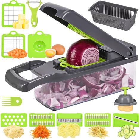 Cortador de verduras multifuncional 16 en 1, mandolina de cocina, picador de verduras, cortador manual de cebolla, cortador de verduras de cocina con 7 cuchillas ajustables, apto para cortador de verd (1/5)