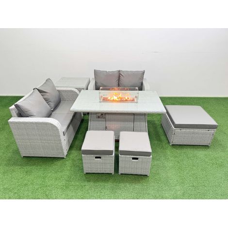 Fimous 7 Seater Outdoor Love Sofa Set Rattan Garden Furniture Set with Firepit Dining Table 3 Footstool Side Table Light Grey (1/4)