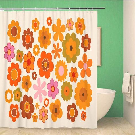 Filiyano-Rideau de douche vintage orange à fleurs vertes, style rétro, imperméable, en polyester, avec crochets, 180 x 180 cm. (1/4)