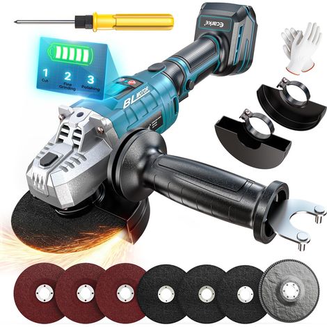 Meuleuse d’Angle Sans Fil Compatible avec Batterie 18V – Moteur Brushless, 3 Vitesses, Jusqu’à 10 000 tr/min, Disque 125 mm, Écran LCD, Kit 12 Accessoires(Outils uniquement) (1/5)