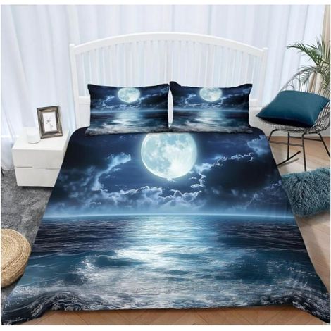 Housse de Couette 200x200 cm Fantaisie Mer Lune Bleu Parure de lit en Polyester Coton Housse de Couette 2 taies d'oreiller - AA5 (1/4)