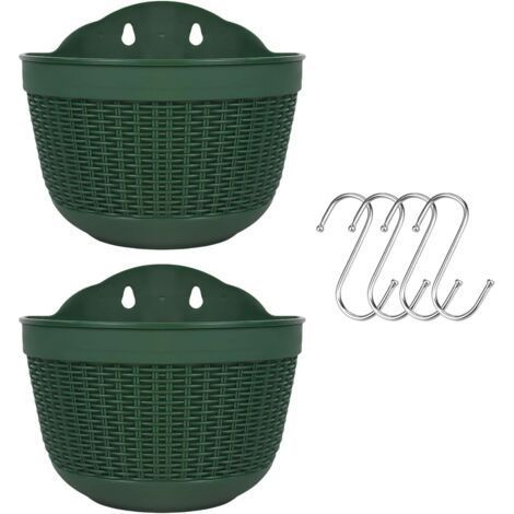 Lot de 2 pots de fleurs suspendus d'extérieur en plastique pour balcon, clôture, pots de fleurs muraux avec drainage et 4 crochets (1/5)
