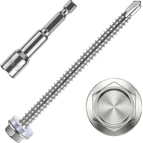 Vis Autoforeuse Metal 410 Vis Autoperforante 4.8x70mm 100Stk avec Rondelles D'étanchéité EPDM Fixation étanche et 1 Douilles Hexagonale pour Metal Bac Acier Bois Tôle Placo Toiture (1/5)