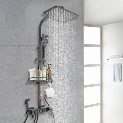 Duschset Brausegarnitur Digitalanzeige Duschset Duschsystem mit Großer Regendusche, Handbrause Höheverstellbarer Duschstange Überkopfbrause Set (Thermostat- 4Modus-LED Anzeige-Schwarz) (1/5)