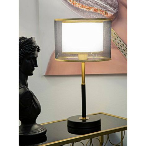 Dmora - Lámpara de mesa Bernezzo, Luz de escritorio, Luz de oficina, Lámpara de trabajo, 25x25 h48 cm, Negro y Oro (1/5)