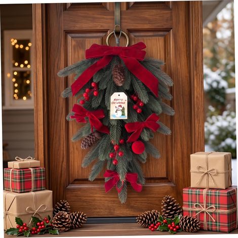 Sapin de Noël suspendu avec guirlande de vigne, décoration de Noël murale, ornements goutte d'eau, décoration de vitrine, porte et scène festive sans lumière (1/5)