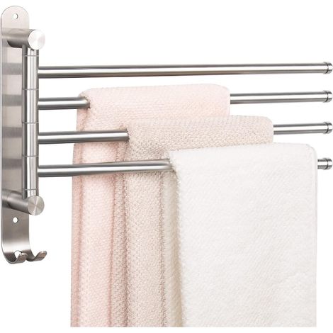 JFYU Portasciugamani girevole da bagno, 4 barre, acciaio inox SUS 304, design elegante, superficie opaca, rotazione a 180 gradi, gancio, impermeabile, non necessita di foratura, 33,5 x 35 cm, argento (1/5)