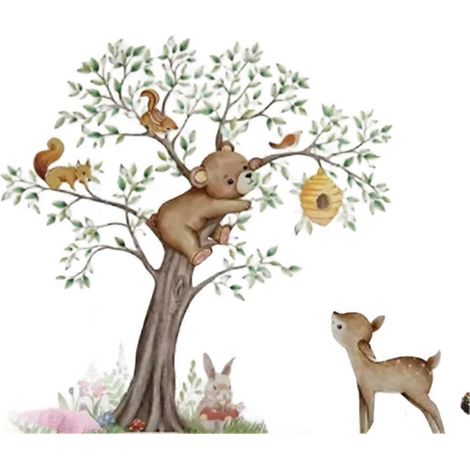 Lot de 4 stickers muraux animaux de la jungle et arbres pour chambre d'enfant, décoration murale mignonne pour chambre de bébé. (1/5)