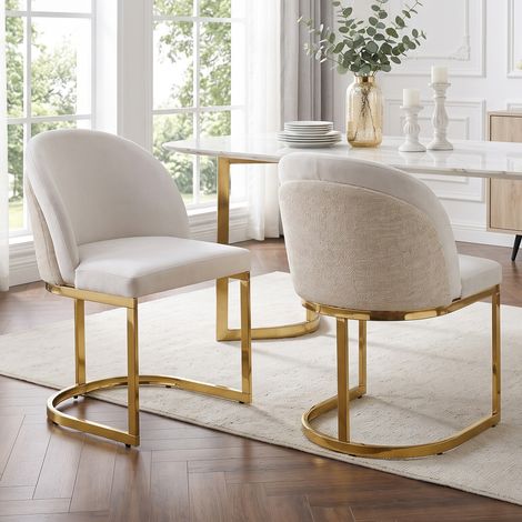 Set de 2 fauteuils de salle à manger confortables et respirants, parfaits pour restaurants, salons, cafés. Design moderne, pieds dorés, tissu en velours côtelé beige et or. (1/5)