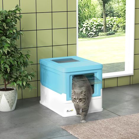 Litière Couverte Chats Fermée Pliable Plateau Pelle Amovibles Animaux Compagnie Bleu 47,5x35,5x36,7cm