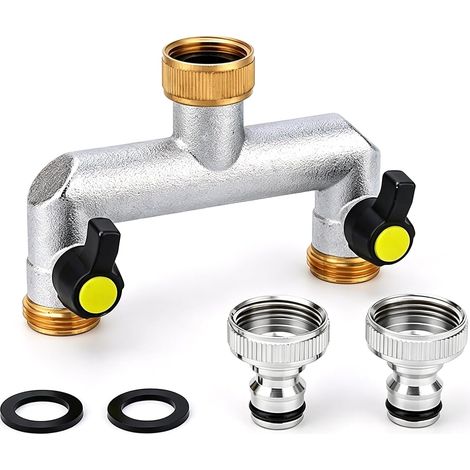 Répartiteur d'eau 2 Voies 3/4", Robinet Double Sortie en Alliage de Zinc, Robinet Distributeur 2 Voies, Distributeur d'eau Jardin avec 2 Vannes, Adaptateur Robinet Tuyau Arrosage (1/5)