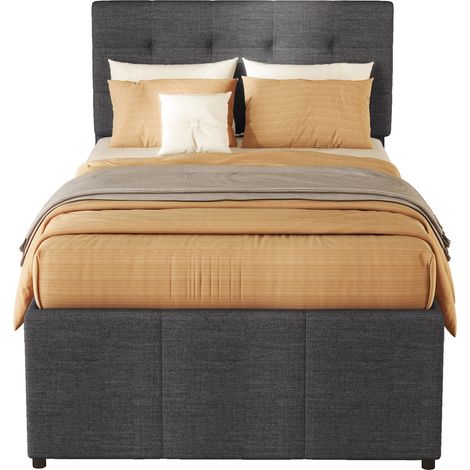 Lit simple 90x200 avec lit gigogne 90x190, 3 tiroirs de rangement, tête de lit réglable en hauteur, cadre en bois et tissu gris, CHICFURN (1/5)