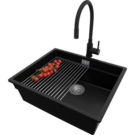 PRIMAGRAN Evier Cuisine en Granit 56x47cm, Lavabo 1 bac + Robinet 40x38cm + Kit de Vidage + Accessoire, Évier à Encastrer au meuble 60cm - Prague Slim, Noir (1/5)