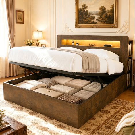 Cama dormitorio con almacenaje LED y enchufes madera OKMYHOME (1/5)