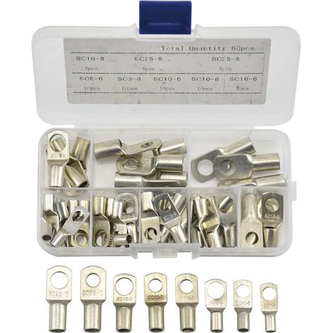 Cosses à sertir(lot de 60), cosses pour câbles électriques, en cuivre étamé, avec trou de boulon, connecteurs à sertir/souder pour câbles de 6 m, 8 m, 10 m, 16 m et 25 m. (1/5)