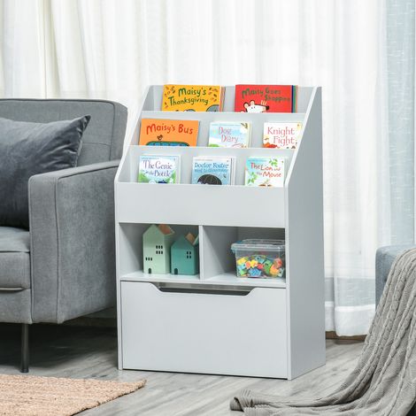 Libreria in legno per bambini HOMCOM con 3 scomparti, 2 cubi e cassetto mobile con 4 ruote, 60x29,9x90 cm, grigia. (1/5)