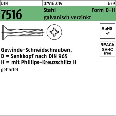 DIN 7516 Form D Senkkopf-Gewindeschneidschraube VG M8x20 Stahl galvanisch verzinkt PH 100 Stk (1/2)