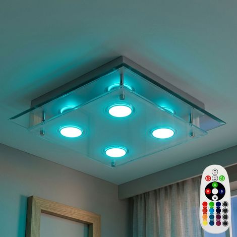 Lampe de plafond avec variateur et télécommande, chrome, lampe de salon en verre, ampoules LED RGB incluses. (1/5)
