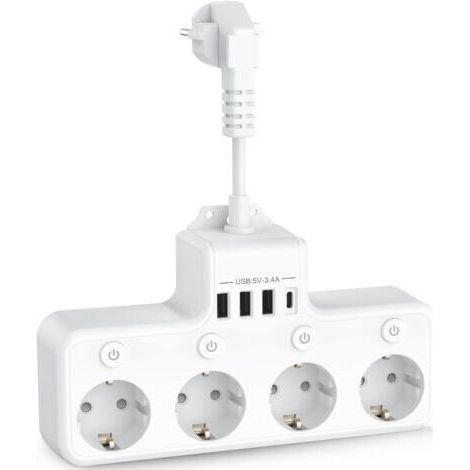 Multiprise USB 8 en 1, 4 prises avec 4 ports USB, chargeur de voyage (5V/3A, 5V/2,4A), multiprise 3680W 16A avec 4 interrupteurs multiples individuels pour la maison et le bureau, blanche.