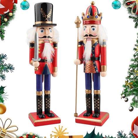2 grandi ornamenti natalizi in legno a forma di soldato schiaccianoci con supporto, decorazioni natalizie tradizionali da 30 cm, statuetta a forma di soldato per albero di Natale (D)