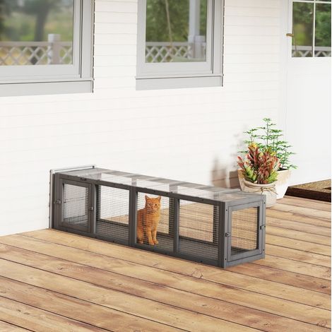 Túnel exterior extensible para gatos 151,5x38,5x40 cm de madera gris, 3 puertas – MEUBLIV (1/5)