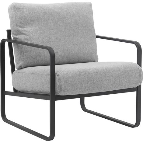 Fauteuil lounge design retro chic en tissu gris clair et cadre en métal noir mat 100002819