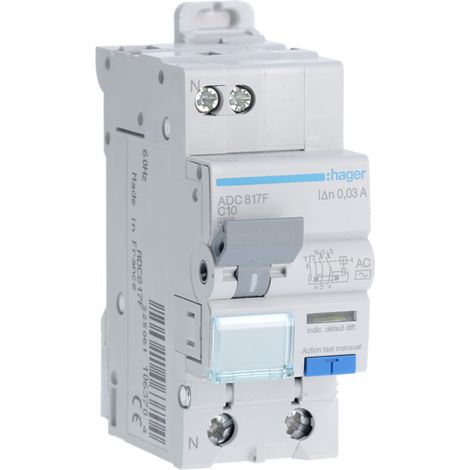 Disj.dif 1P+N 4.5kA C-10A 30mA - DISJ. DIFF.PH-N HAGER ADC817F (1/4)