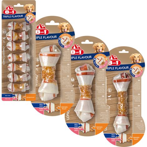 6 Ossa Triple Flavour taglia M con triplo gusto pollo, manzo e maiale - OFFERTA RISPARMIO 6 confezioni da 1 osso ciascuna