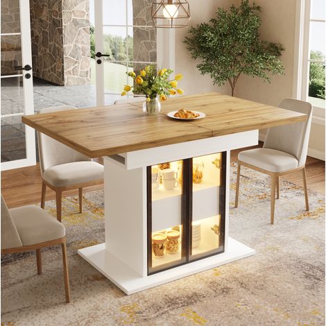 Table à manger extensible 110-140x80 cm avec rangement, LED RGB USB, portes en verre, MDF blanc (1/5)