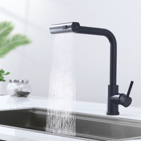 Robinet de Cuisine Douchette Extractible Robinetterie de Cuisine 3 Jets aux Choix Mitigeur de Cuisine avec Douchette Mitigeur D'évier en Acier Noir Bec 360° Rotatif (1/5)