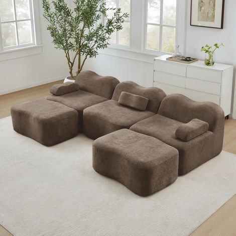 Canapé modular en forma de U de terciopelo marrón con 2 otomanas, asiento profundo y espuma 32D (1/5)