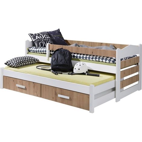 Cama Henderson 140, Blanco + Roble Artisan, Individual con una cama supletoria-nido, Individuales, 90x190, 90x200, Aglomerado laminado, Madera, Somieres, 97x205x76cm