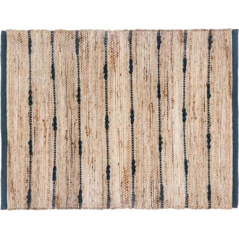 Silumen – Tapis jute rectangulaire 60x90 cm – Rayure en coton bleu – Texture naturelle pour déco bohème – Entretien facile et écologique