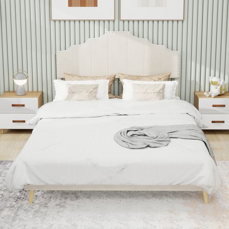 Lit minimaliste moelleux 140 x 200cm beige, tête de, douce, cadre bas sans barre gaz, mobilier multifonctionnel sans matelas