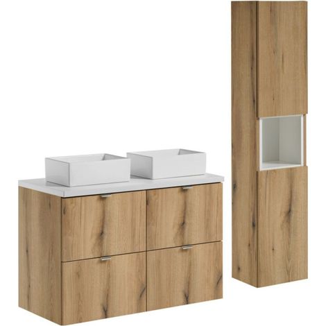 VANO Set Eiche und Weiß 130cm: Möbel mit Schubladen unter dem Waschbecken + Platte für das Waschbecken + rechteckige Aufsatzwaschbecken + Säule