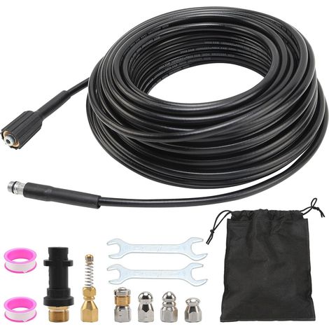 Tuyau Déboucheur Canalisation 30M Haute Pression 400 Bar Compatible K2 K3 K4 K5 K6 K7, Kit Nettoyage Égouts avec 5 Buses (1/5)