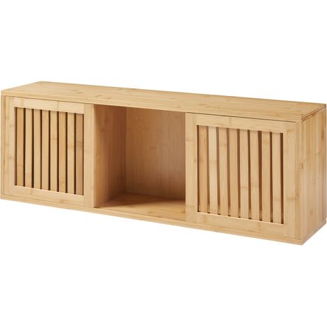 Estantería de diseño atemporal para salón/dormitorio mueble de almacenaje de pared con 2 puertas correderas bambú 93 x 20 x 33 cm natural 030011249 (1/5)