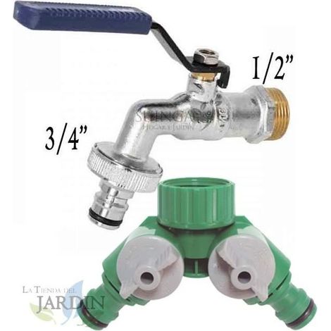 Grifo de Jardín 1/2" Metal + Bifurcador 2 Salidas - Conexión de Mangueras y Sistemas de Riego