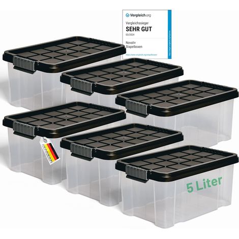 Novaliv Lot de 6 boîtes de rangement avec couvercle 5 L Anthracite Boîtes de rangement empilables emboîtables avec fermeture à clip Plastique sans
