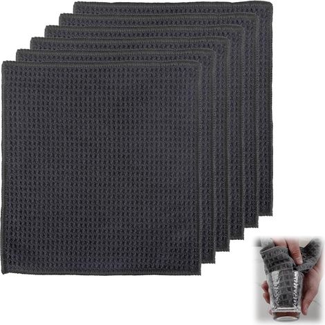 Set di 6 panni per la pulizia in microfibra, a trama waffle, assorbenti, non lasciano aloni, riutilizzabili per cucina, vetro e auto, neri, 20x20 cm (1/5)