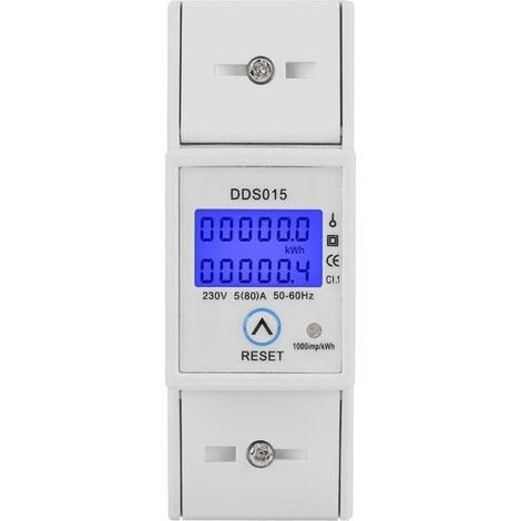 Compteur d'Énergie Monophasé 5-80A 230V 50Hz Compteur d'Énergie Monophasé de Rétroéclairage LCD, Compteur KWh Montage sur Rail DIN DDS015, Mètre Watt KWh(230V 5-80A 50Hz) (1/5)