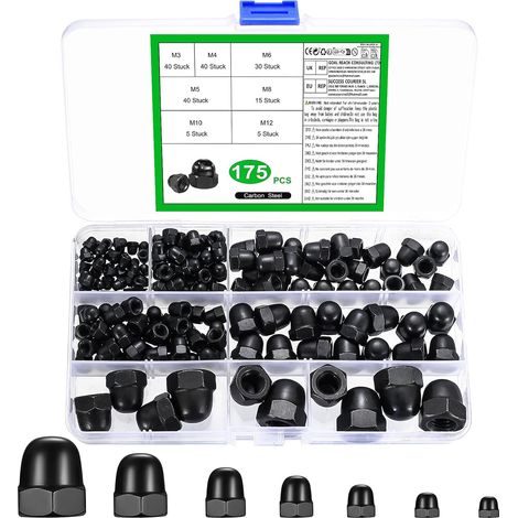175 Pcs M3 M4 M5 M6 M8 M10 M12 Dome Head Nut Cover Cap Screw Cap Carbon Steel Hex Cap Nuts for Motorcycles Bicycles Black (1/5)