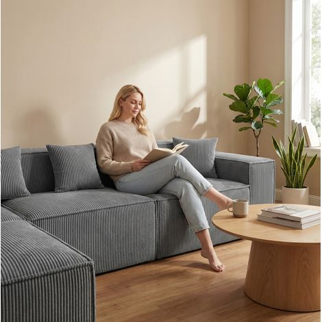 Sofa modulares 3-Sitzer Ecksofa aus Struktur-Cordstoff und Schaumstoff, grau, mit Cupholder und Seitentasche (1/5)